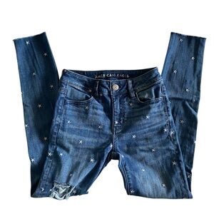 American Eagle Womens High Rise Jegging Sz 0 Embroidered White Stars Distressed